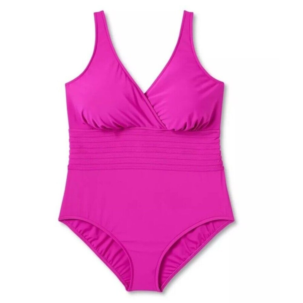 Aqua Green Full Coverage Waist Texture Detail Dark Pink 1 Pc Swimsuit - Picture 2 of 7